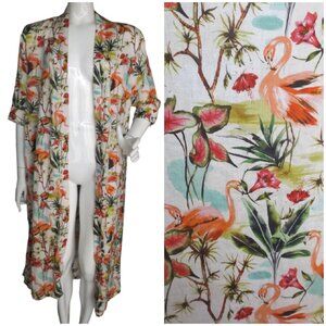 LAZY POET Linen Kimono/Swim Cover up, LONG slit, Flamingo/Multicolor Print